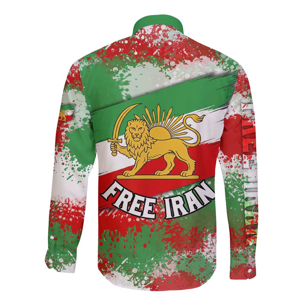 Free Iran Long Sleeve Button Shirt Lion and Sun Emblem Grunge Paint Splash Style