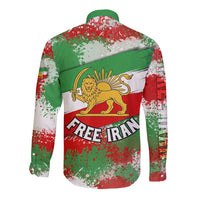 Free Iran Long Sleeve Button Shirt Lion and Sun Emblem Grunge Paint Splash Style