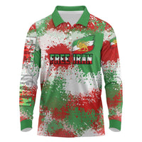 Free Iran Long Sleeve Polo Shirt Lion and Sun Emblem Grunge Paint Splash Style