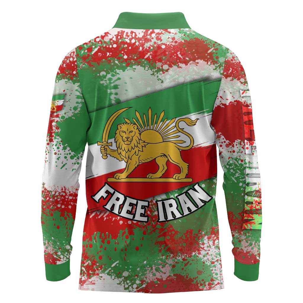Free Iran Long Sleeve Polo Shirt Lion and Sun Emblem Grunge Paint Splash Style