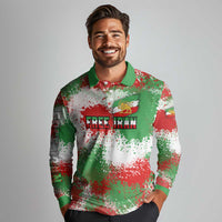 Free Iran Long Sleeve Polo Shirt Lion and Sun Emblem Grunge Paint Splash Style