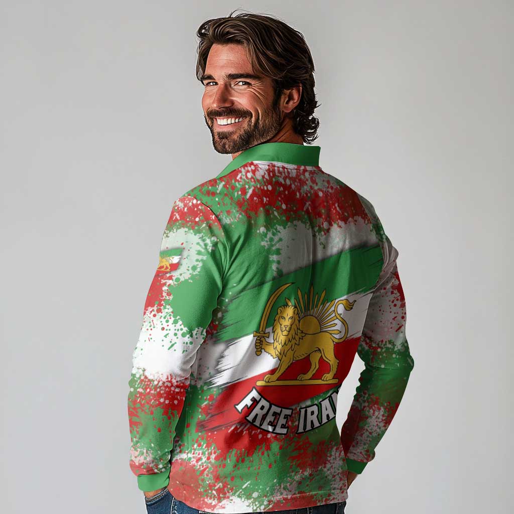 Free Iran Long Sleeve Polo Shirt Lion and Sun Emblem Grunge Paint Splash Style