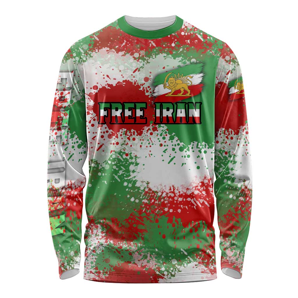 Free Iran Long Sleeve Shirt Lion and Sun Emblem Grunge Paint Splash Style