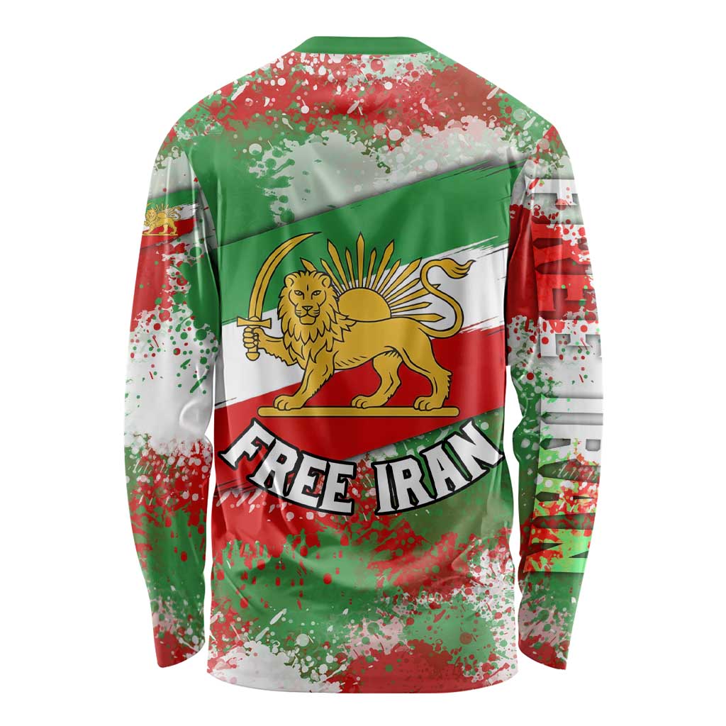 Free Iran Long Sleeve Shirt Lion and Sun Emblem Grunge Paint Splash Style