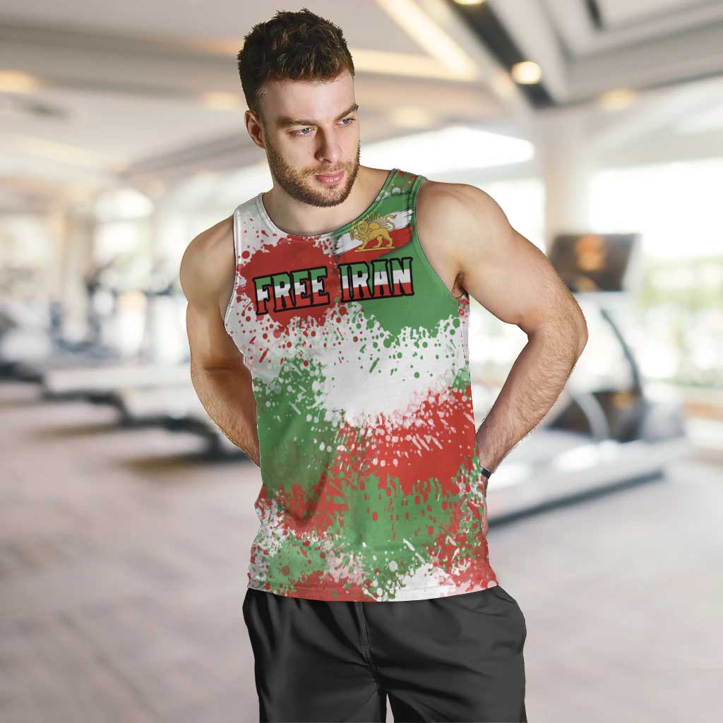 Free Iran Men Tank Top Lion and Sun Emblem Grunge Paint Splash Style