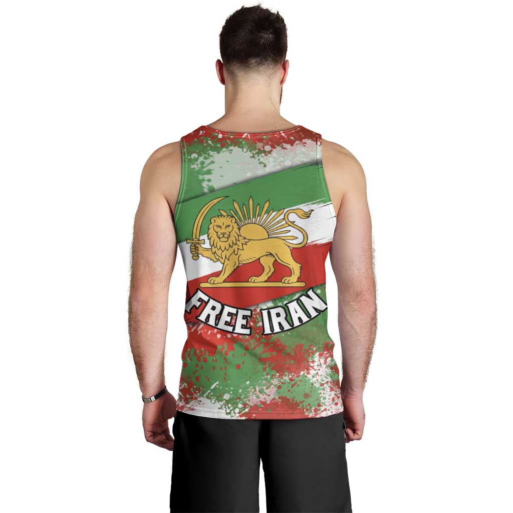 Free Iran Men Tank Top Lion and Sun Emblem Grunge Paint Splash Style