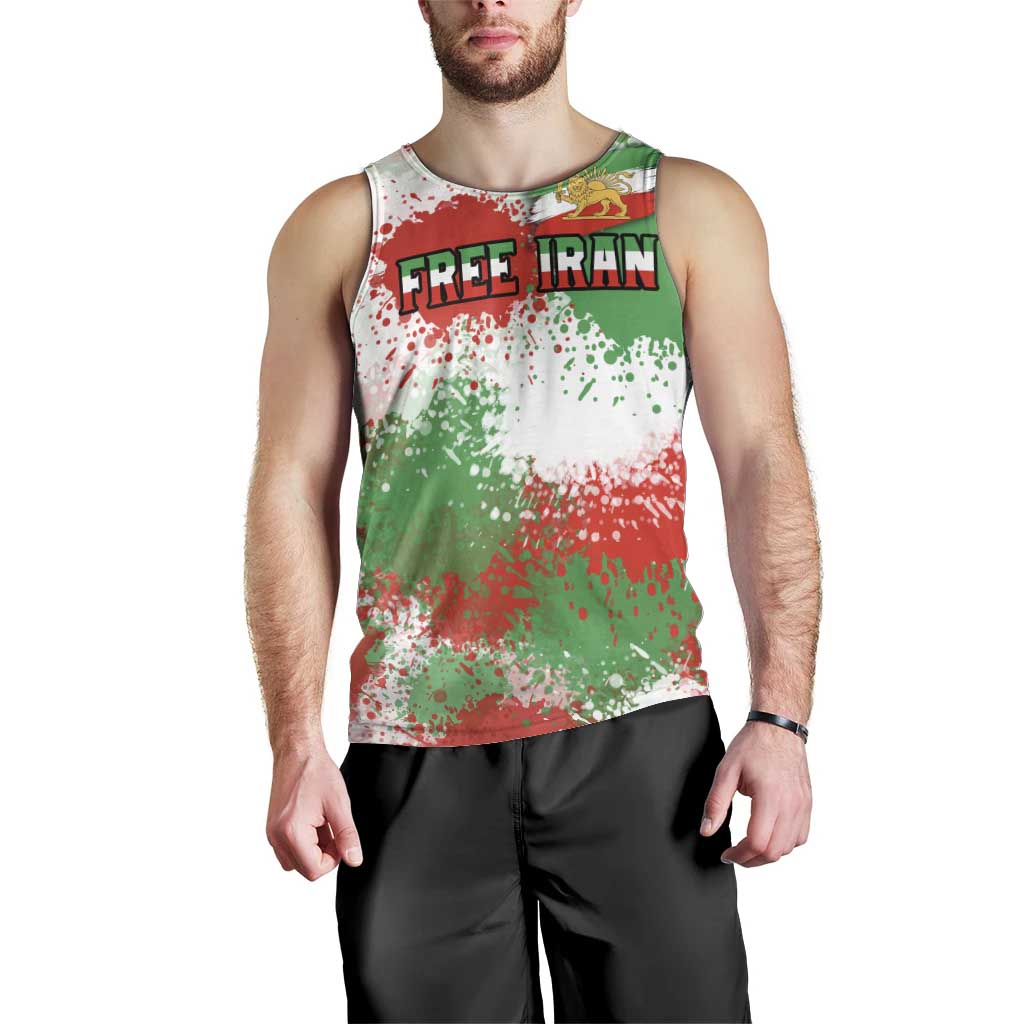 Free Iran Men Tank Top Lion and Sun Emblem Grunge Paint Splash Style