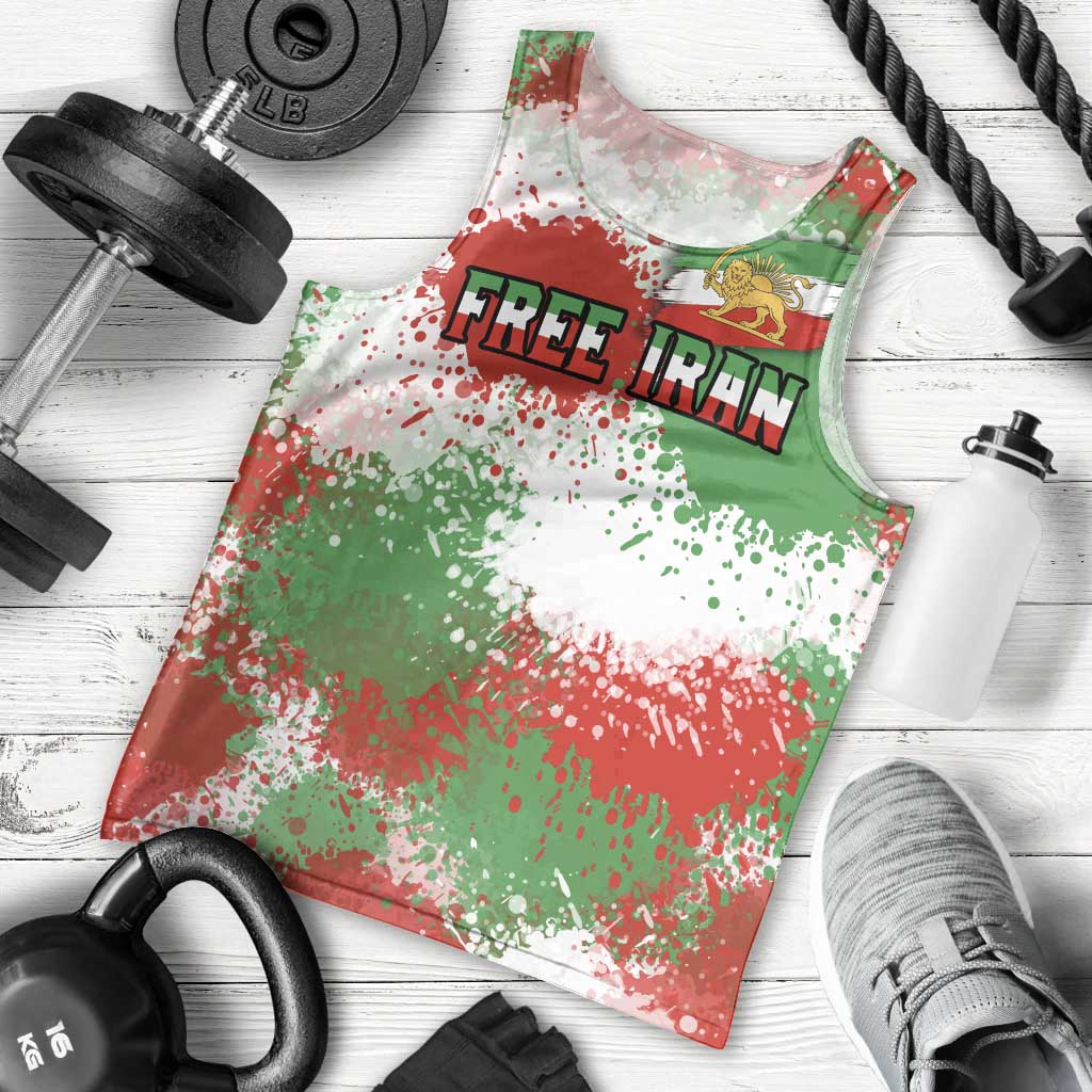 Free Iran Men Tank Top Lion and Sun Emblem Grunge Paint Splash Style