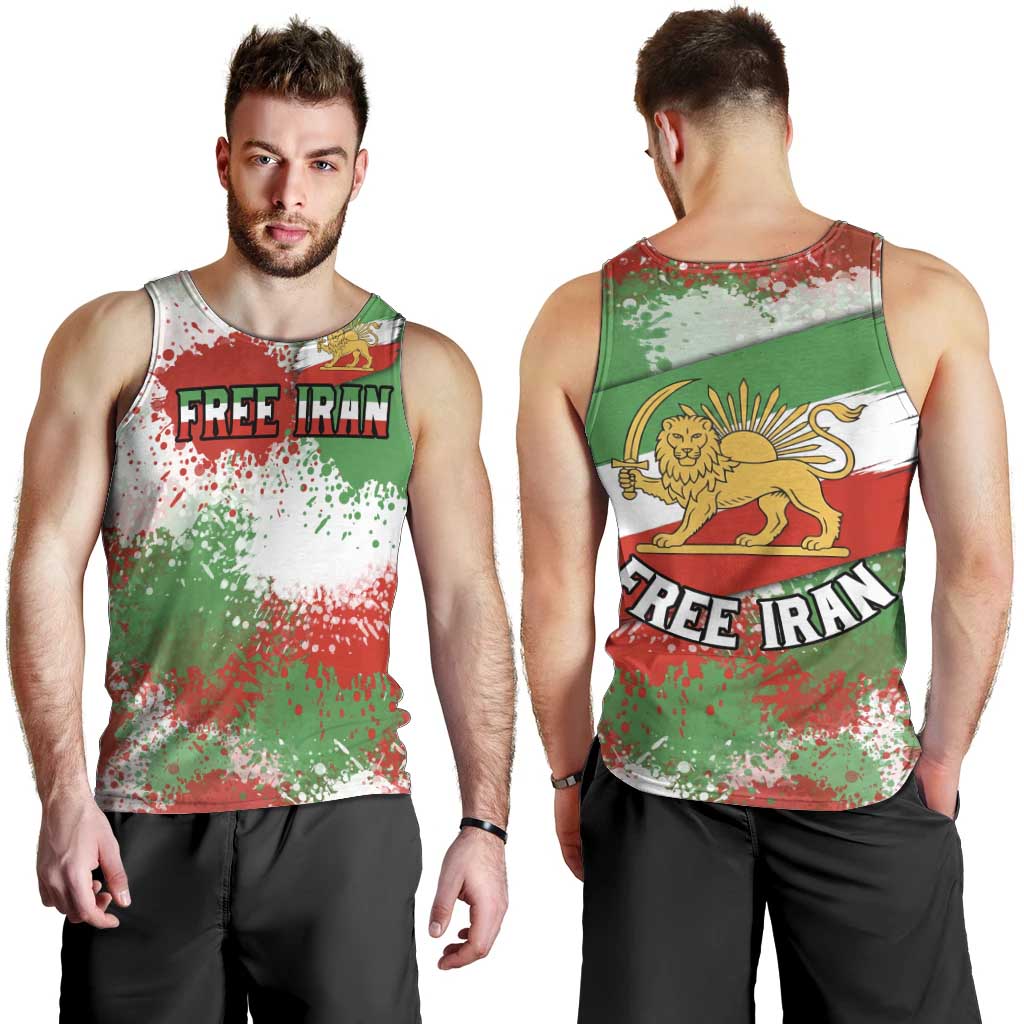 Free Iran Men Tank Top Lion and Sun Emblem Grunge Paint Splash Style