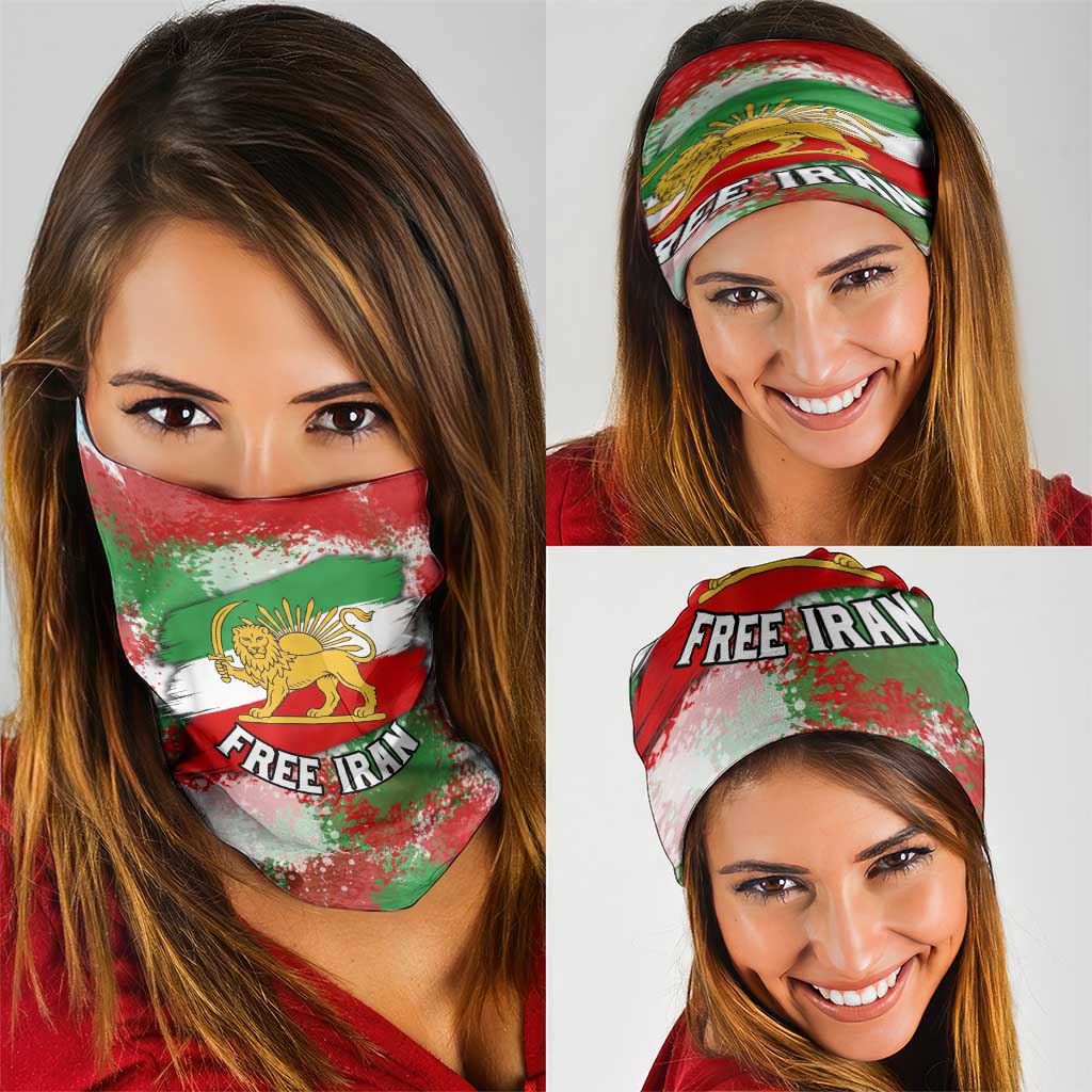 Free Iran Neck Gaiter Lion and Sun Emblem Grunge Paint Splash Style