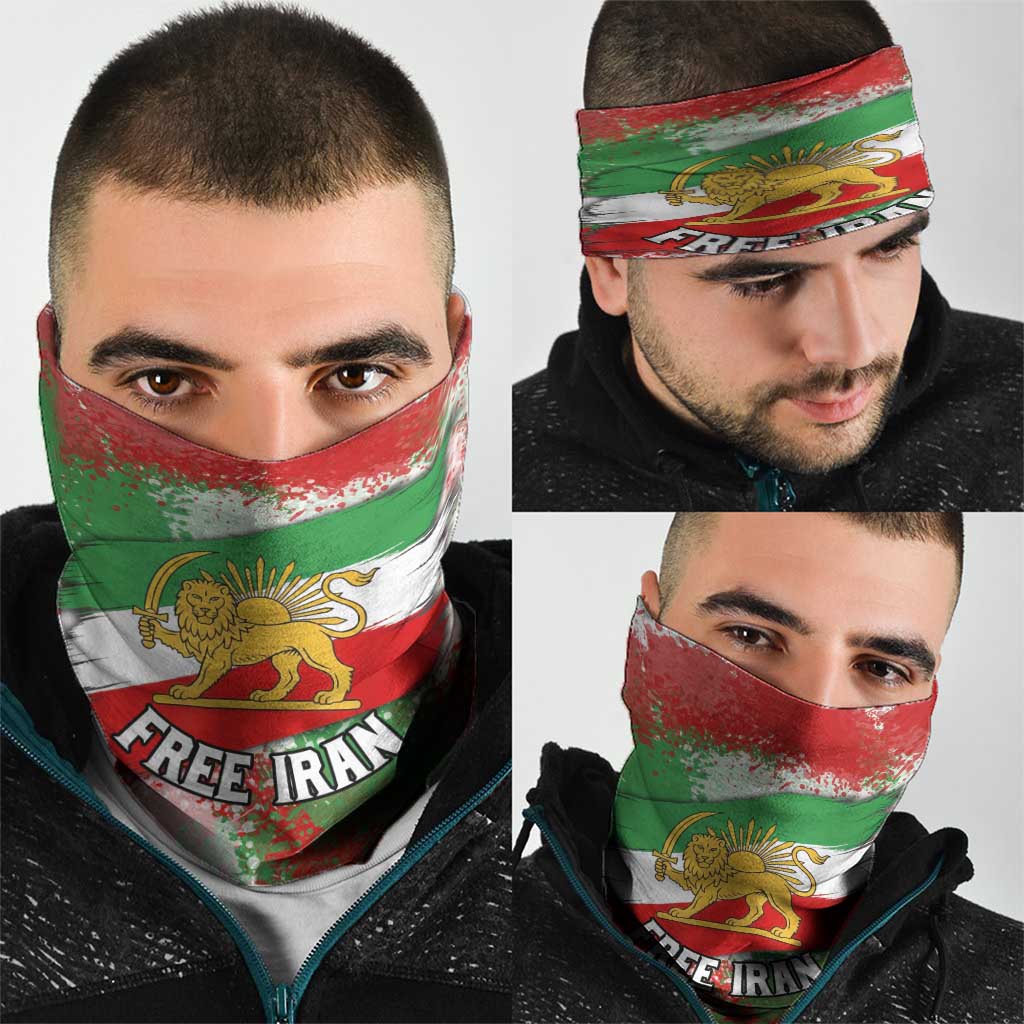 Free Iran Neck Gaiter Lion and Sun Emblem Grunge Paint Splash Style