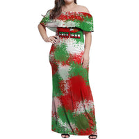 Free Iran Off Shoulder Maxi Dress Lion and Sun Emblem Grunge Paint Splash Style