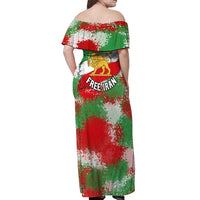Free Iran Off Shoulder Maxi Dress Lion and Sun Emblem Grunge Paint Splash Style