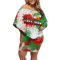 Free Iran Off Shoulder Short Dress Lion and Sun Emblem Grunge Paint Splash Style
