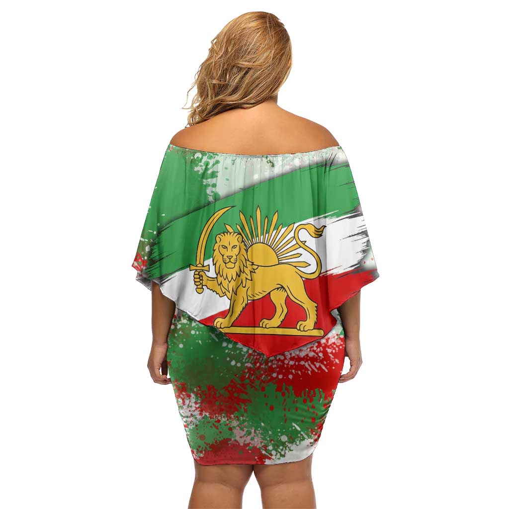 Free Iran Off Shoulder Short Dress Lion and Sun Emblem Grunge Paint Splash Style