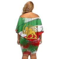 Free Iran Off Shoulder Short Dress Lion and Sun Emblem Grunge Paint Splash Style