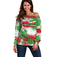 Free Iran Off Shoulder Sweater Lion and Sun Emblem Grunge Paint Splash Style