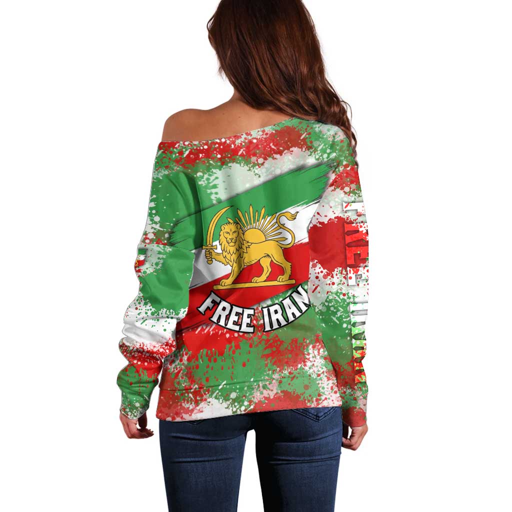Free Iran Off Shoulder Sweater Lion and Sun Emblem Grunge Paint Splash Style