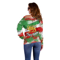 Free Iran Off Shoulder Sweater Lion and Sun Emblem Grunge Paint Splash Style