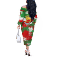 Free Iran Off The Shoulder Long Sleeve Dress Lion and Sun Emblem Grunge Paint Splash Style