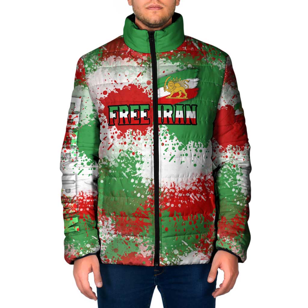Free Iran Padded Jacket Lion and Sun Emblem Grunge Paint Splash Style