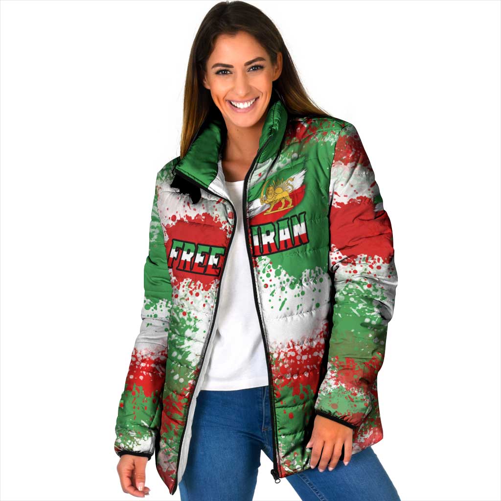 Free Iran Padded Jacket Lion and Sun Emblem Grunge Paint Splash Style