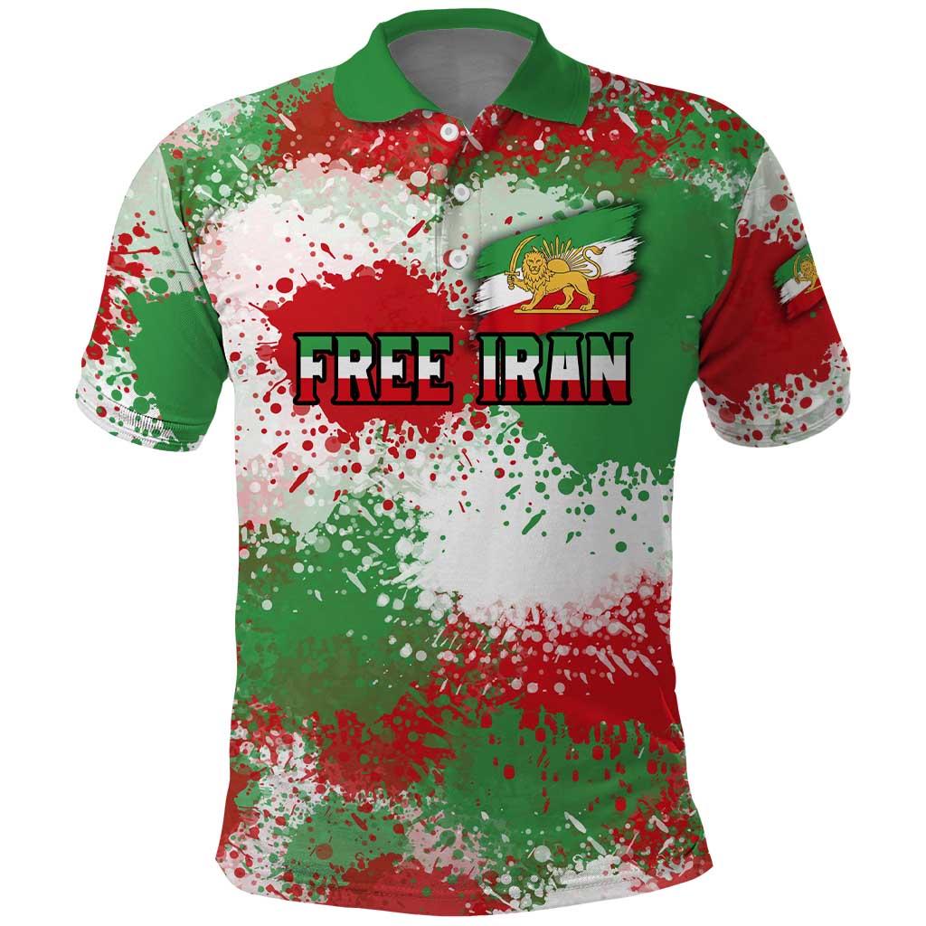 Free Iran Polo Shirt Lion and Sun Emblem Grunge Paint Splash Style
