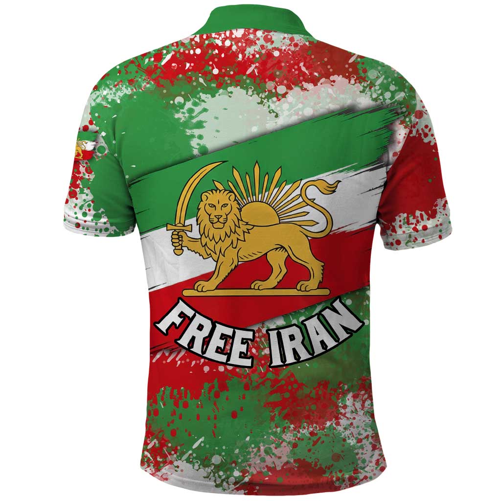 Free Iran Polo Shirt Lion and Sun Emblem Grunge Paint Splash Style