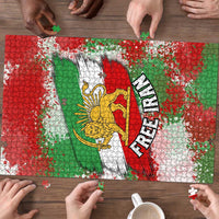 Free Iran Puzzle Lion and Sun Emblem Grunge Paint Splash Style