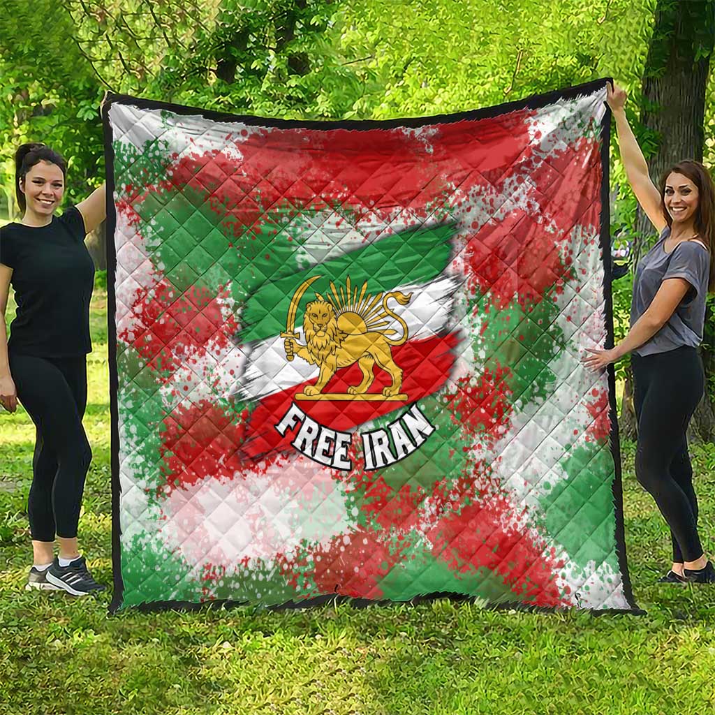 Free Iran Quilt Lion and Sun Emblem Grunge Paint Splash Style