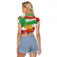 Free Iran Raglan Cropped T Shirt Lion and Sun Emblem Grunge Paint Splash Style