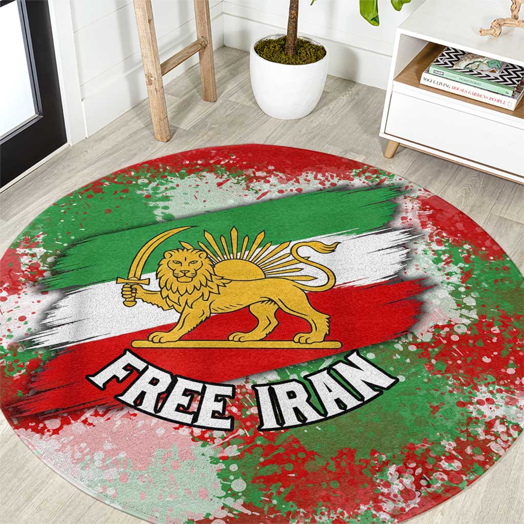 Free Iran Round Carpet Lion and Sun Emblem Grunge Paint Splash Style