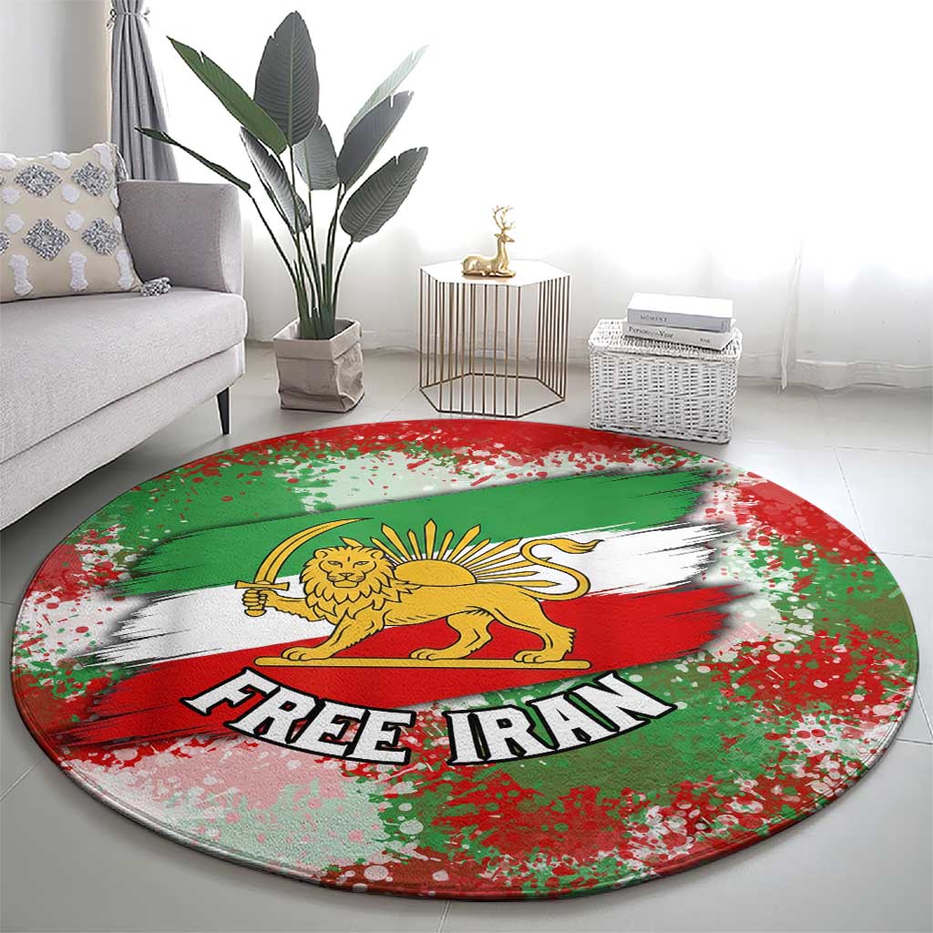 Free Iran Round Carpet Lion and Sun Emblem Grunge Paint Splash Style
