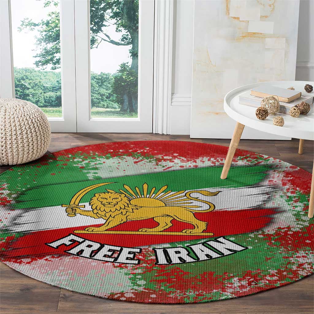 Free Iran Round Carpet Lion and Sun Emblem Grunge Paint Splash Style