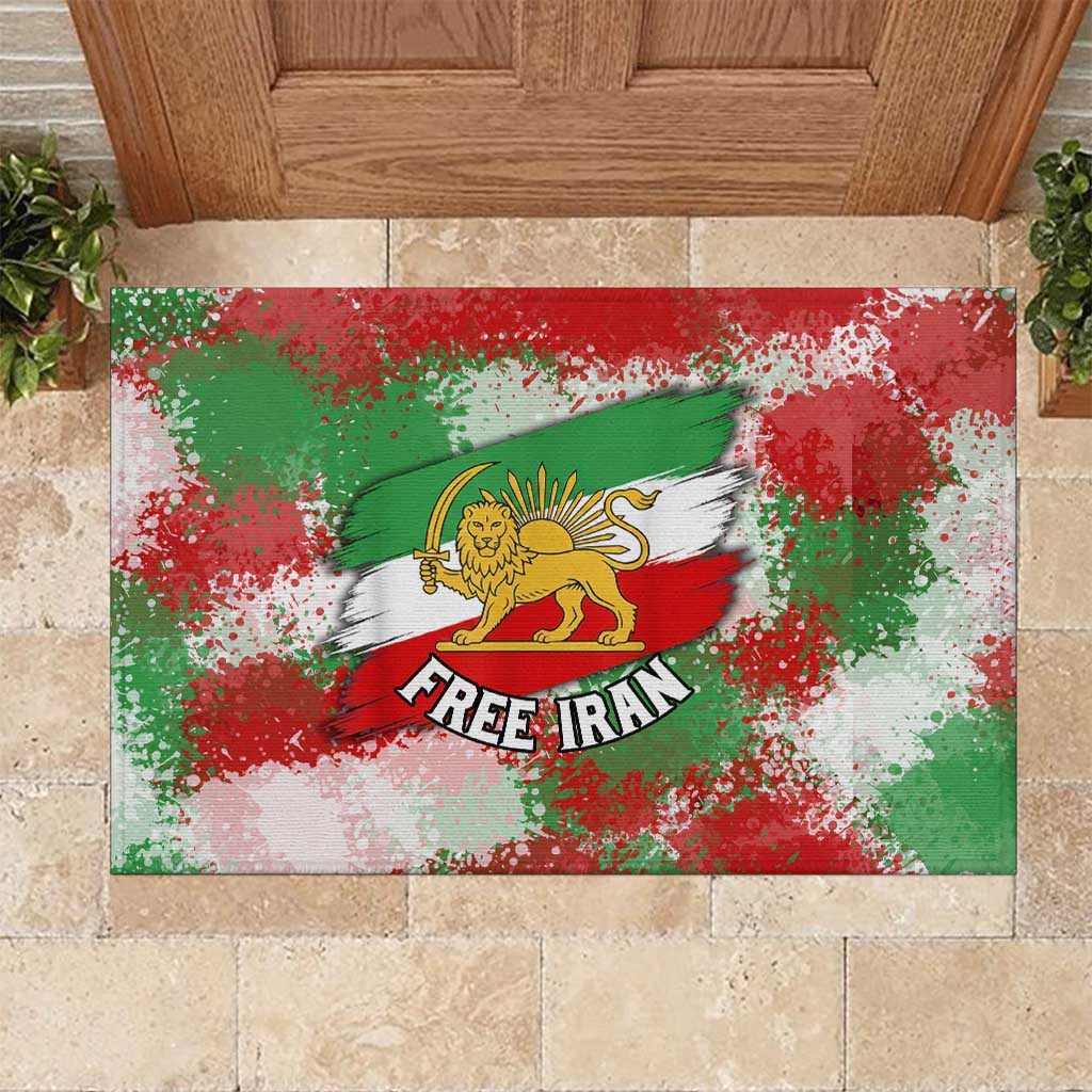 Free Iran Rubber Doormat Lion and Sun Emblem Grunge Paint Splash Style
