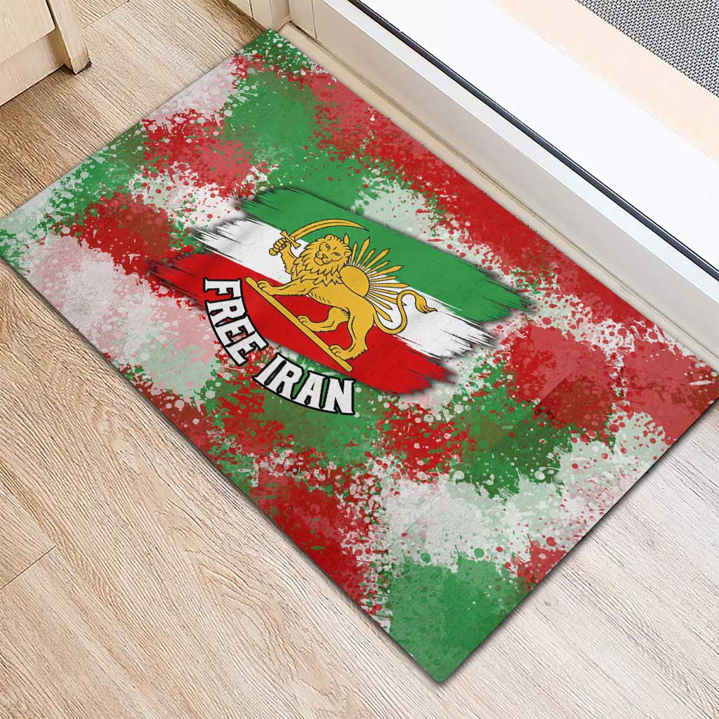 Free Iran Rubber Doormat Lion and Sun Emblem Grunge Paint Splash Style