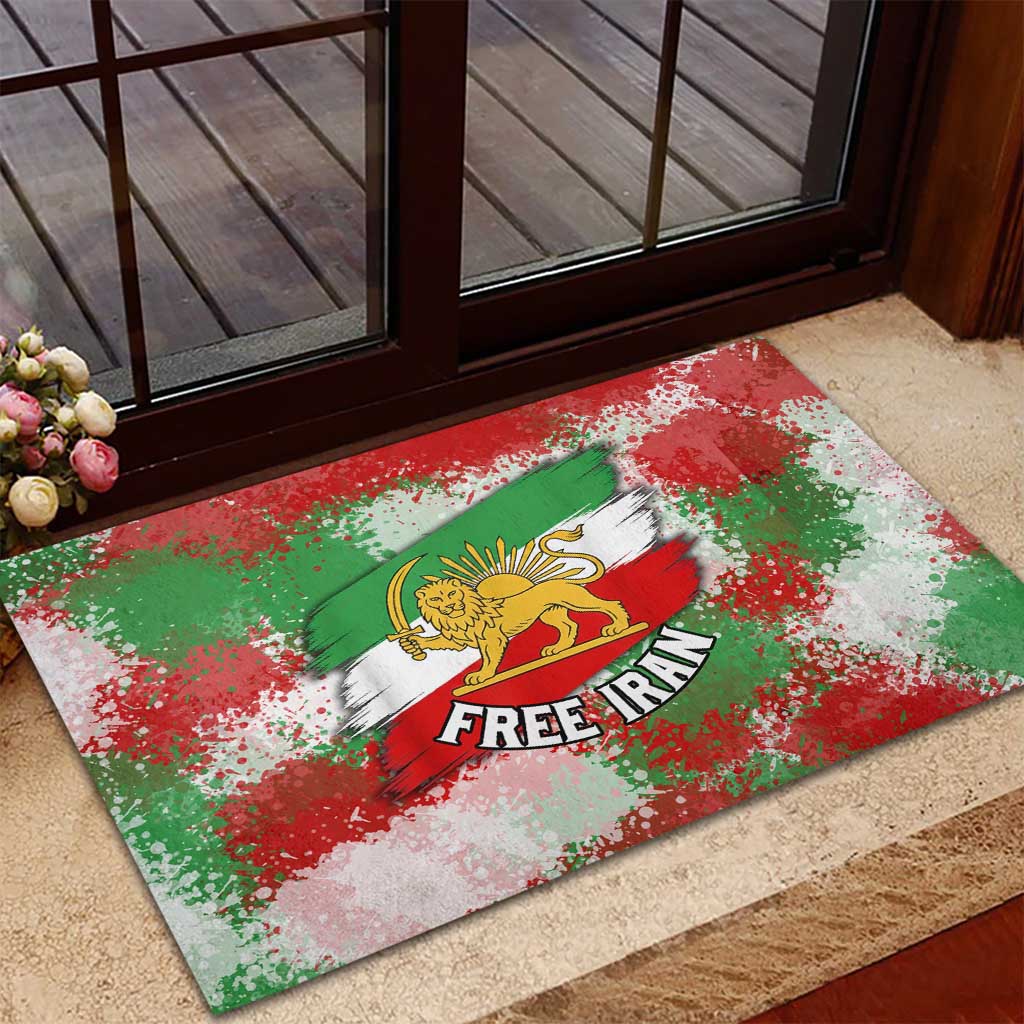 Free Iran Rubber Doormat Lion and Sun Emblem Grunge Paint Splash Style