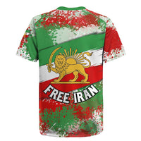 Free Iran Rugby Jersey Lion and Sun Emblem Grunge Paint Splash Style
