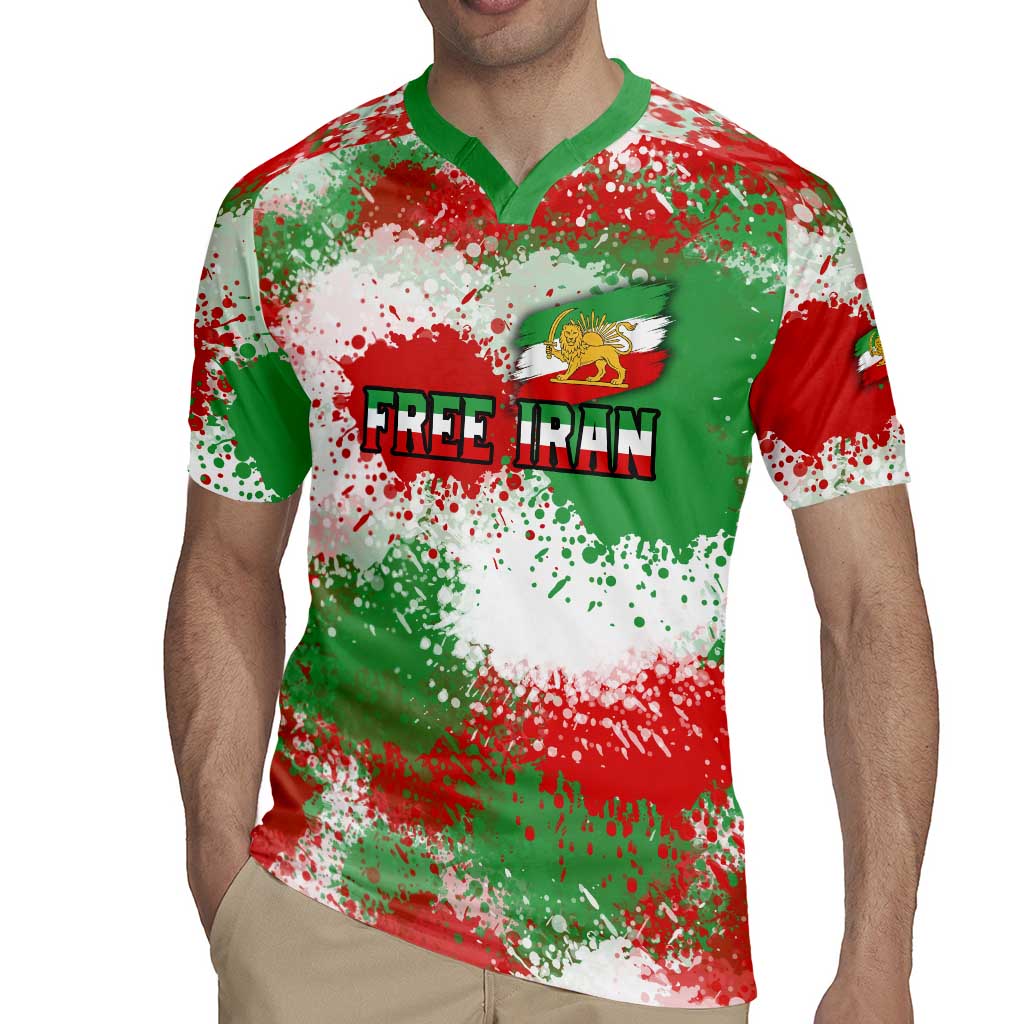 Free Iran Rugby Jersey Lion and Sun Emblem Grunge Paint Splash Style