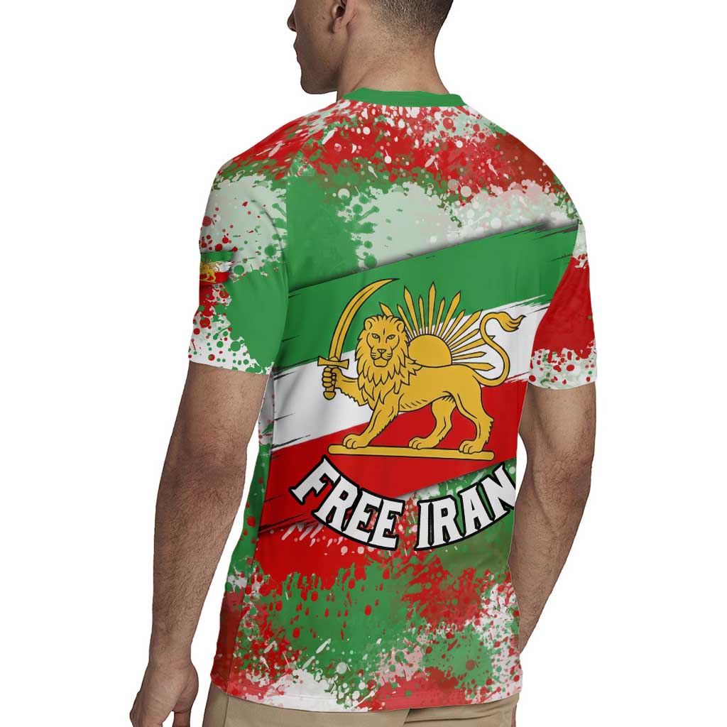 Free Iran Rugby Jersey Lion and Sun Emblem Grunge Paint Splash Style