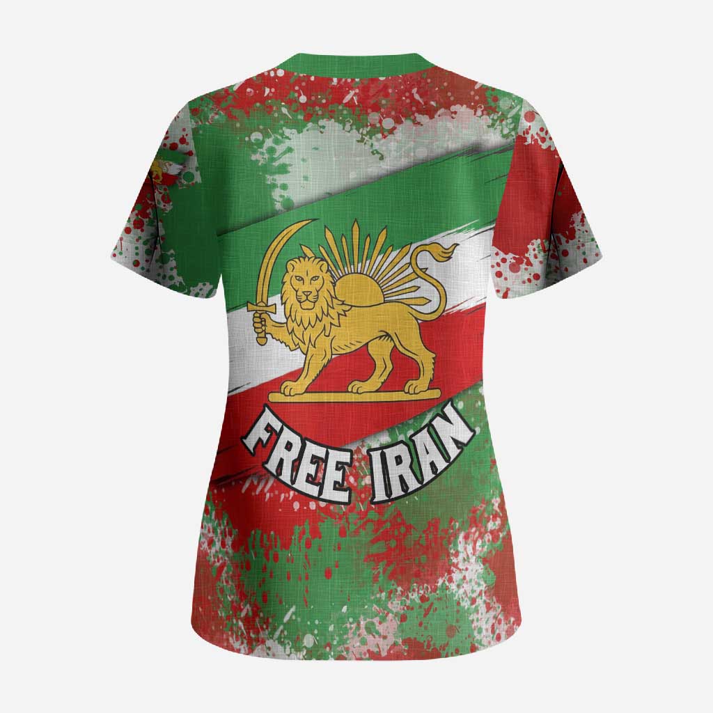 Free Iran Scrub Top Lion and Sun Emblem Grunge Paint Splash Style