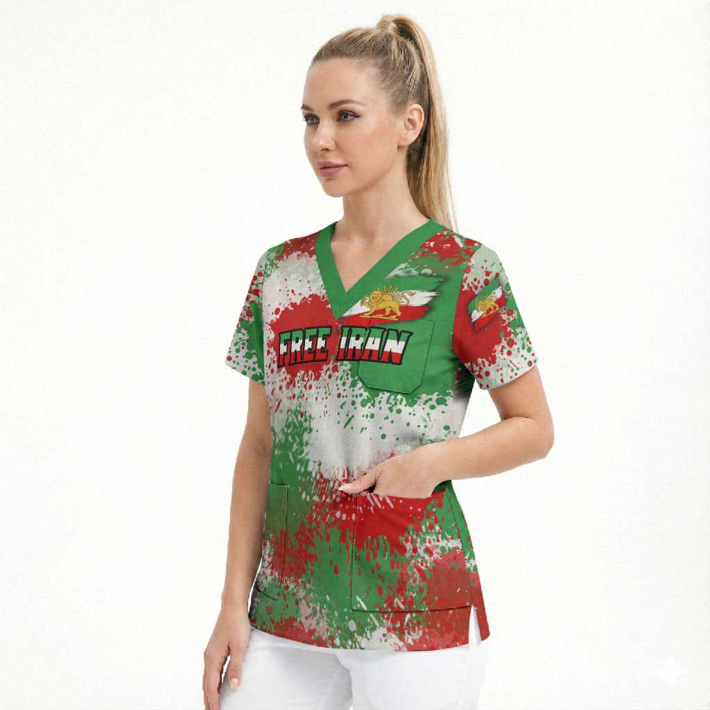 Free Iran Scrub Top Lion and Sun Emblem Grunge Paint Splash Style