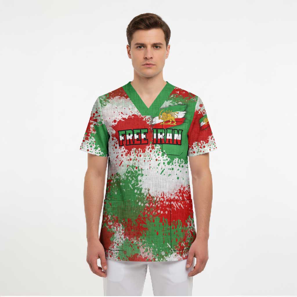 Free Iran Scrub Top Lion and Sun Emblem Grunge Paint Splash Style