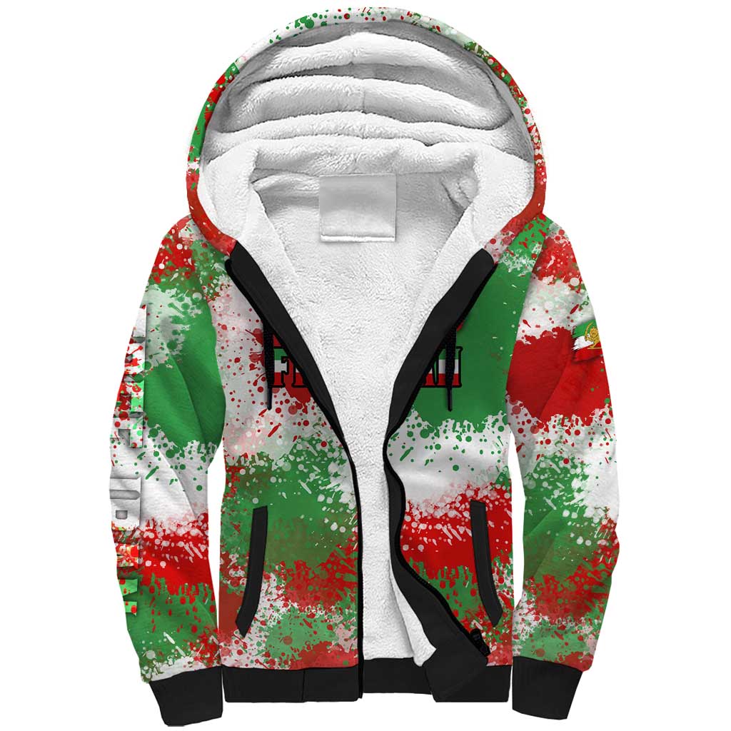 Free Iran Sherpa Hoodie Lion and Sun Emblem Grunge Paint Splash Style