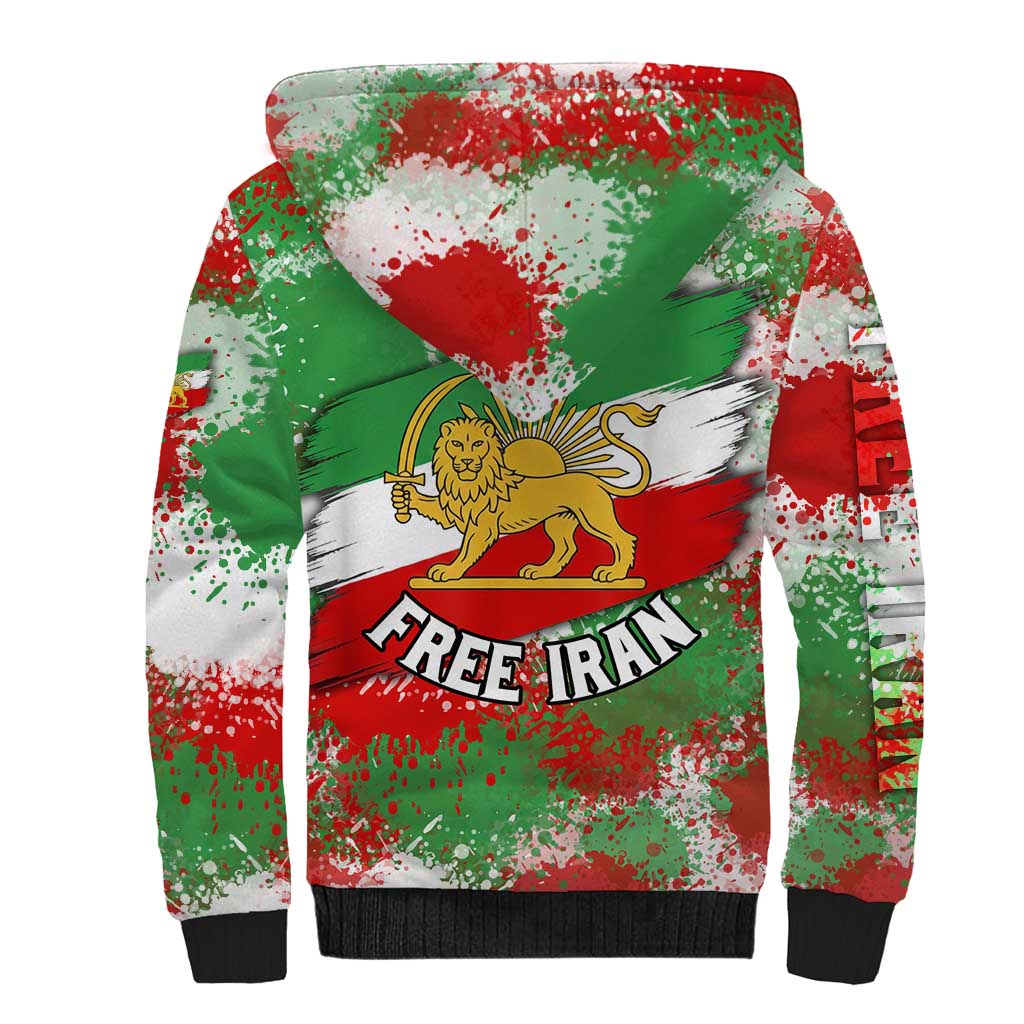 Free Iran Sherpa Hoodie Lion and Sun Emblem Grunge Paint Splash Style
