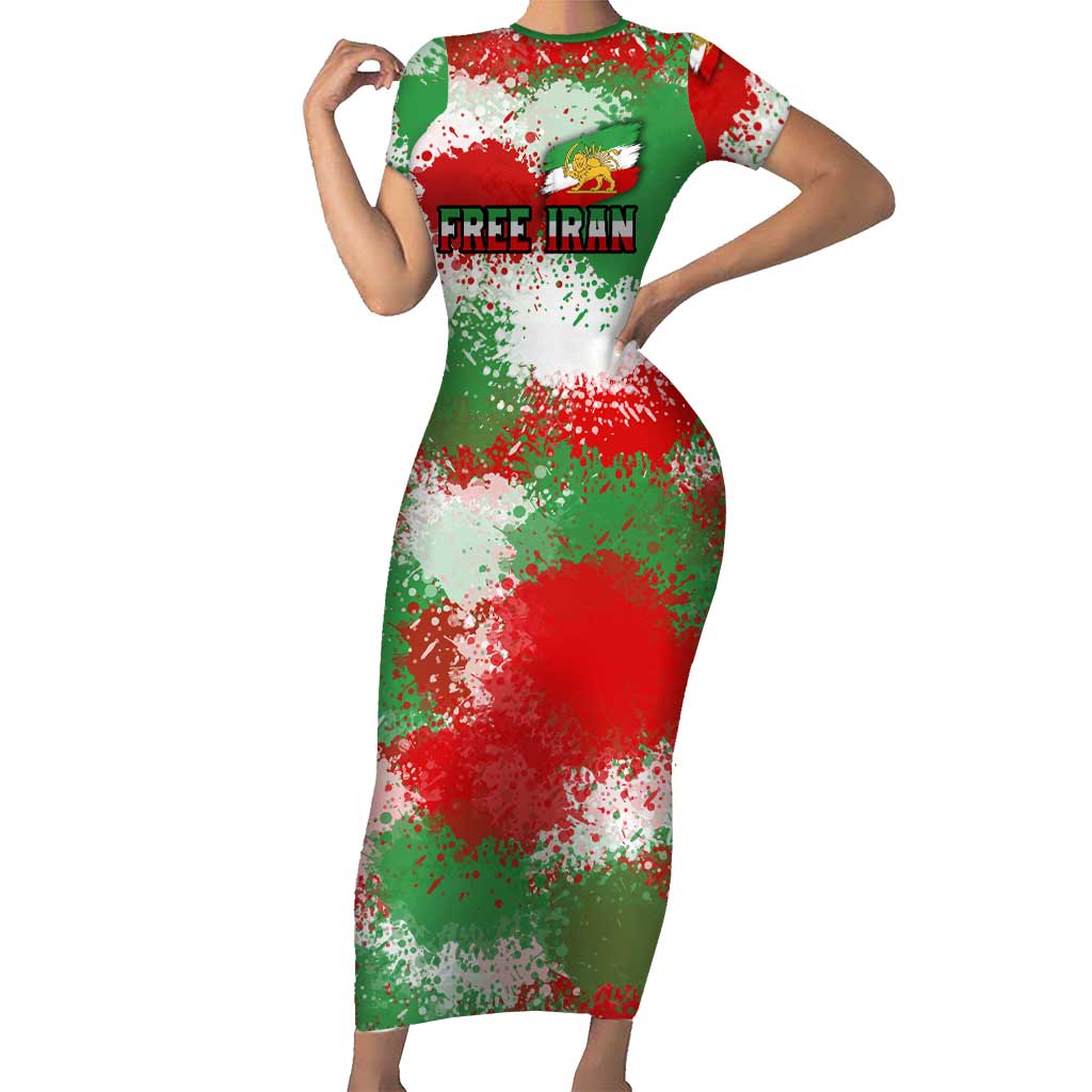 Free Iran Short Sleeve Bodycon Dress Lion and Sun Emblem Grunge Paint Splash Style