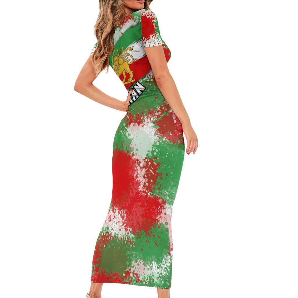 Free Iran Short Sleeve Bodycon Dress Lion and Sun Emblem Grunge Paint Splash Style