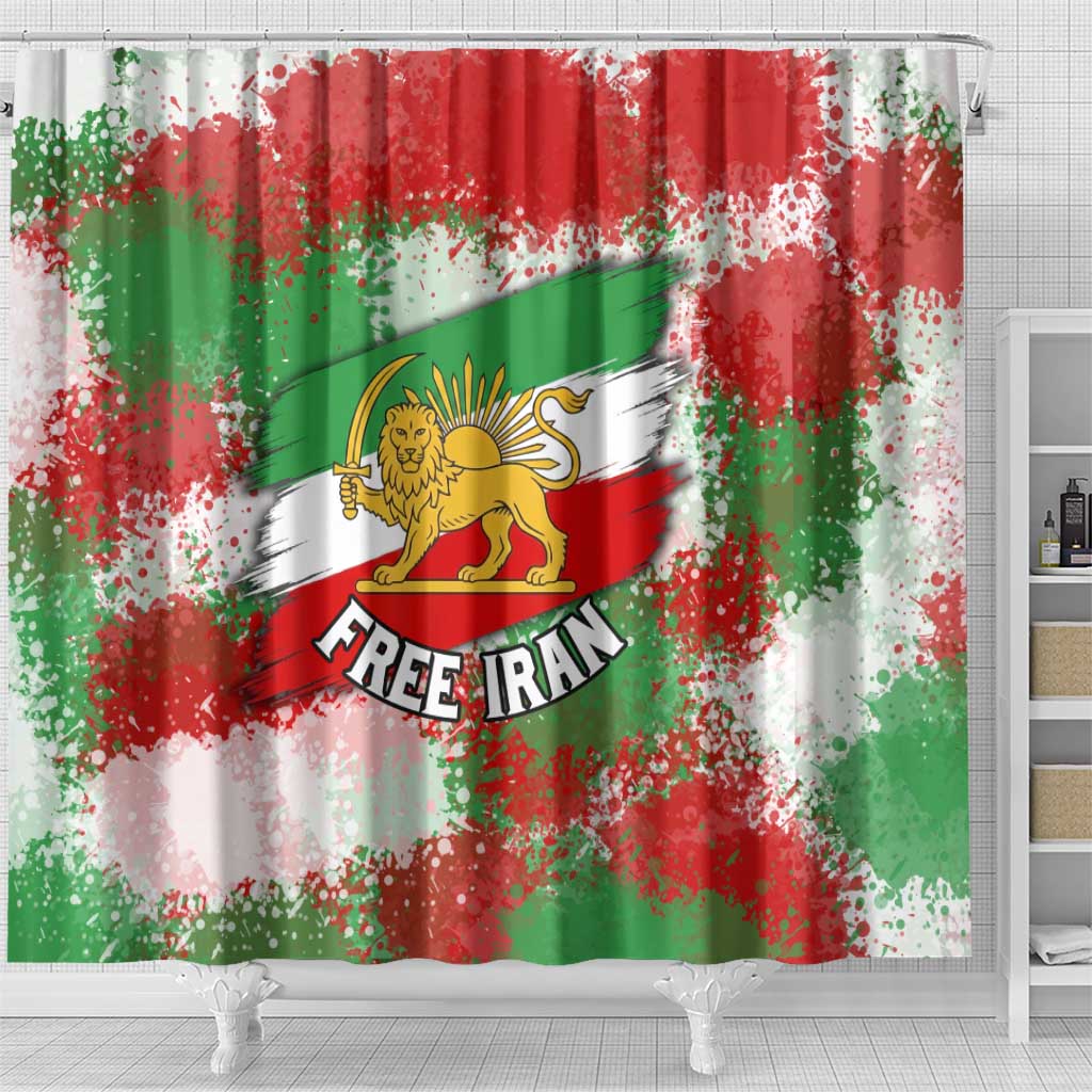 Free Iran Shower Curtain Lion and Sun Emblem Grunge Paint Splash Style
