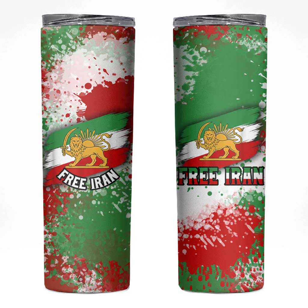 Free Iran Skinny Tumbler Lion and Sun Emblem Grunge Paint Splash Style