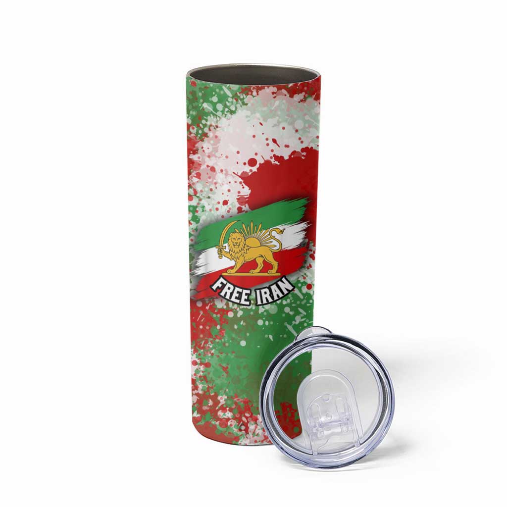 Free Iran Skinny Tumbler Lion and Sun Emblem Grunge Paint Splash Style